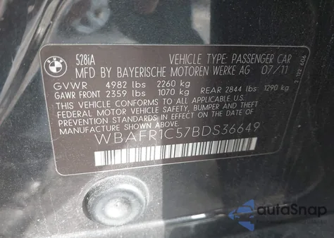 2011 BMW 528I из США, поврежденный, VIN WBAFR1C57BDS36649